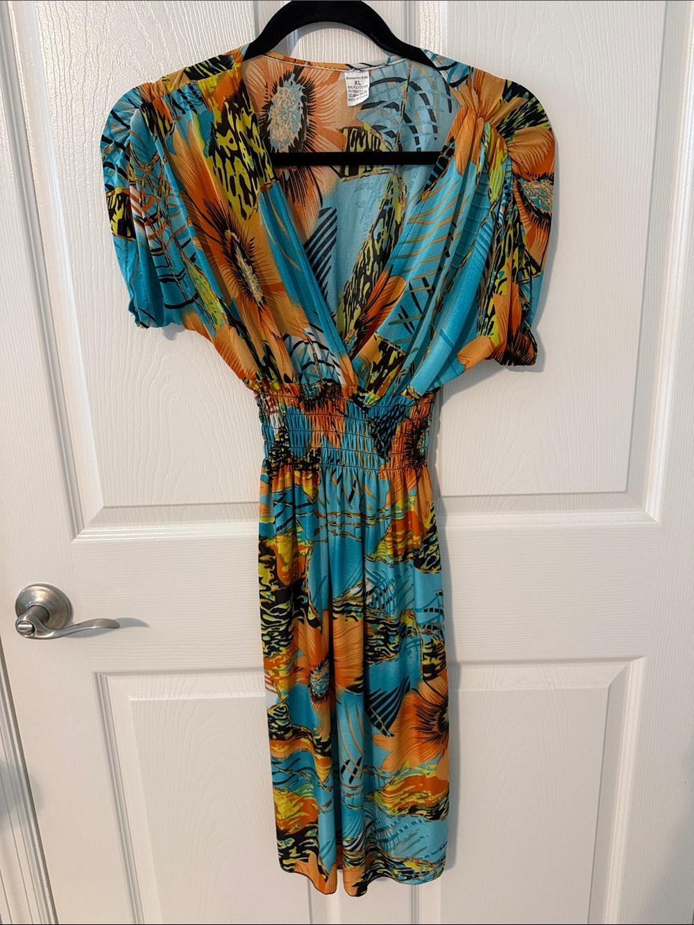 Bright Blue & Orange Smocked Waist V-Neck Midi Dress
